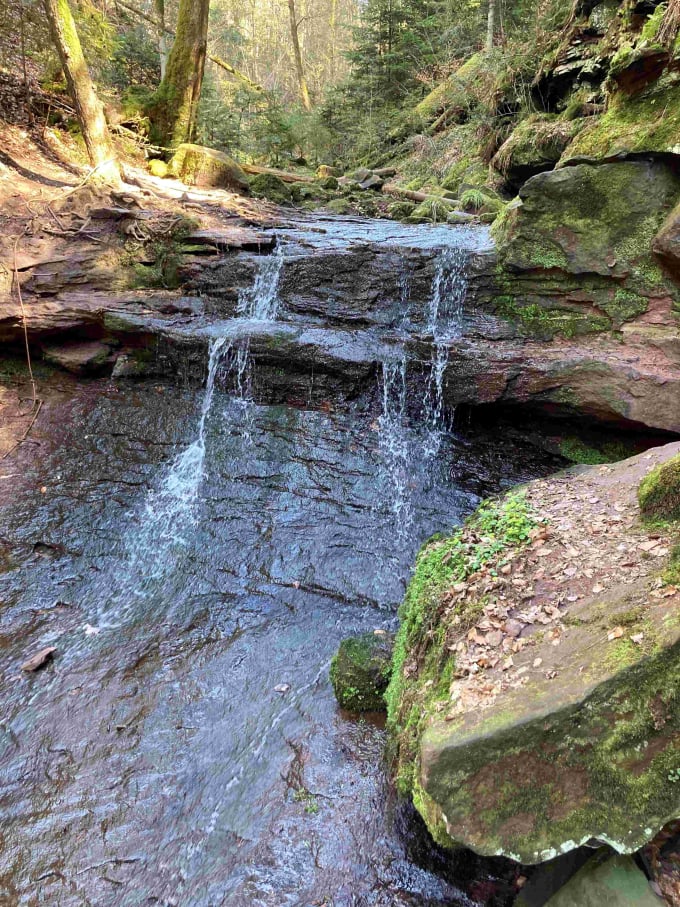 Ein Naturbach fließt über eine Kante und plätschert als kleiner Wasserfall